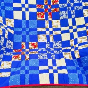 Royal Blue and Red Patchwork Quilt 48x57 Grandma dinosaurs flowers polka dots